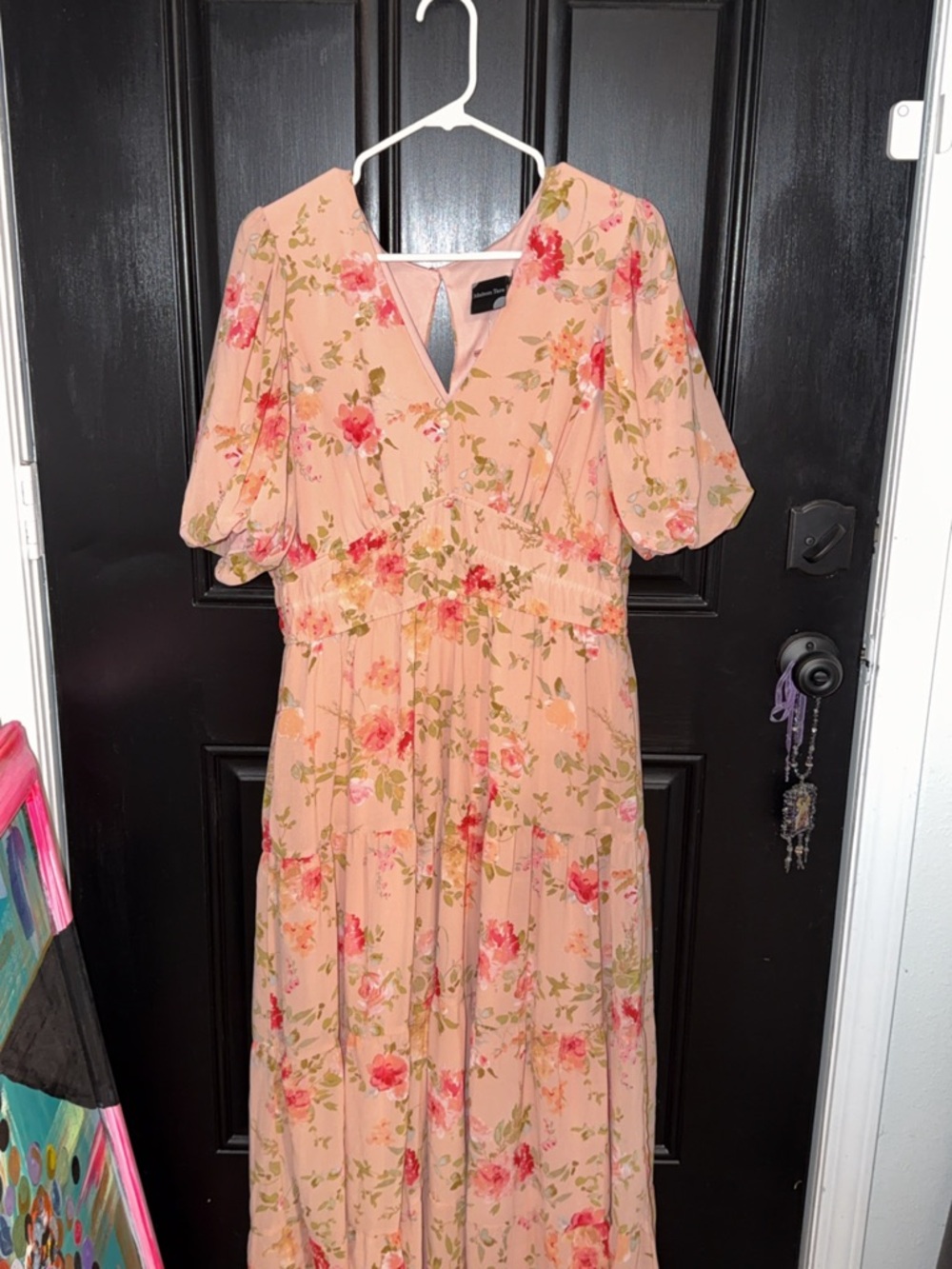 Maison Tara Peach Floral Maxi Dress with Pink & Green Accents